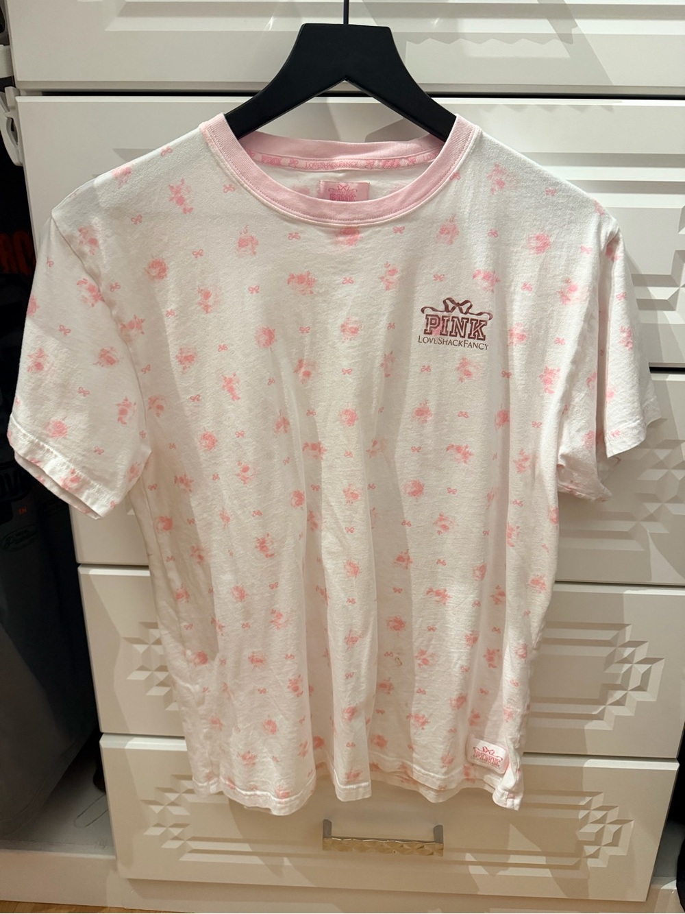 LoveShackFancy PINK White Tee with Light Pink Floral Print